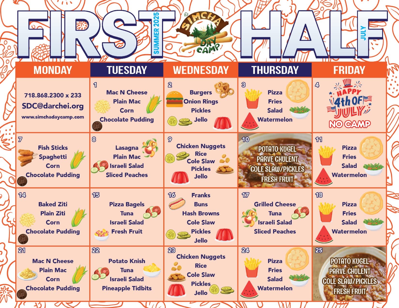 Simcha Day Camp Menu 2025 First Half