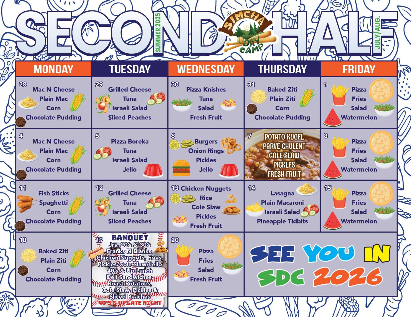 Simcha Day Camp Menu 2025 Second Half