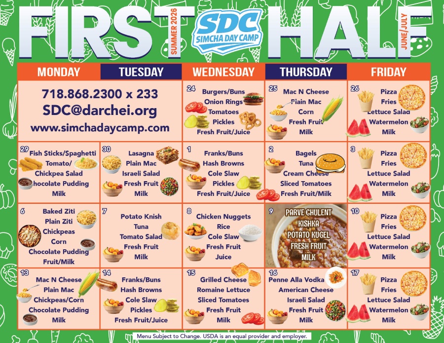 Simcha Day Camp Menu 2026 First Half -New