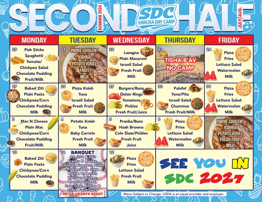 Simcha Day Camp Menu 2026 Second Half -New